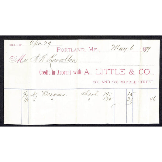 1879 Jabez Knowlton* Newburgh, ME A. Little & Co. Portland Brooms Billhead