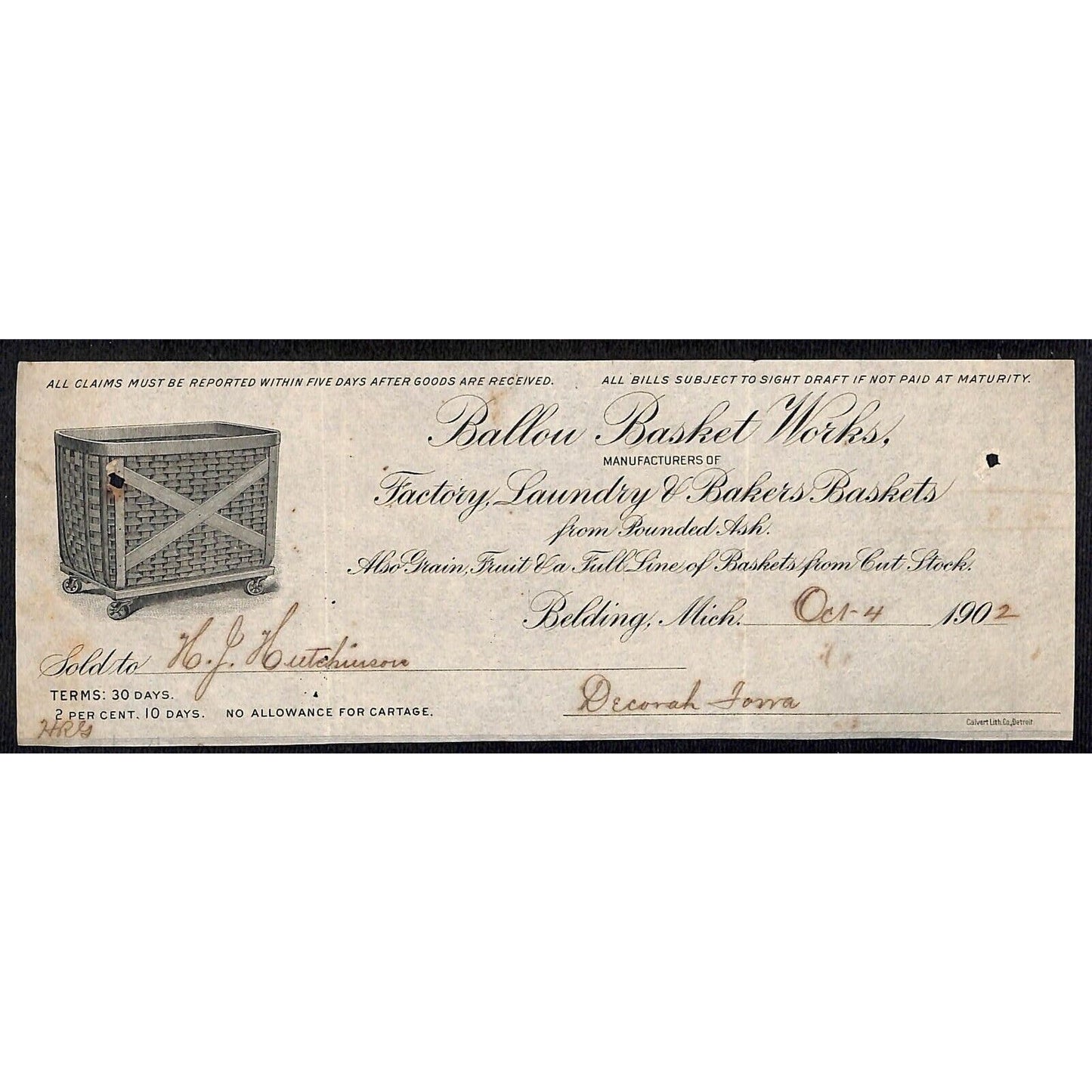 Ballow Basket Works Belding, MI HJ Hutchinson Decorah IA* Cut 1902 Billhead