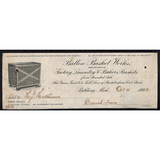 Ballow Basket Works Belding, MI HJ Hutchinson Decorah IA* Cut 1902 Billhead