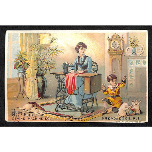 Household Sewing Machine Co Victorian Trade Card - Mom Watches Child Play w/ Cat