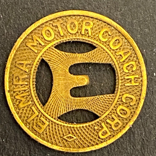 Elmira Motor Coach Corp. G/F One Fare Transit Token 16mm c1949
