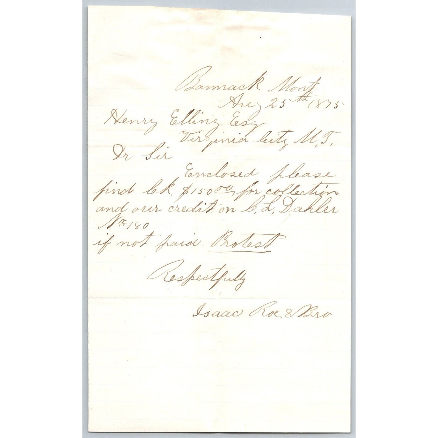 1875 ALS from Isaac Roe & Bro. (Bankers ) Bannack City, MT to Henry Elling* $150