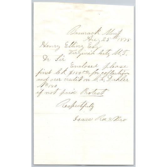 1875 ALS from Isaac Roe & Bro. (Bankers ) Bannack City, MT to Henry Elling* $150