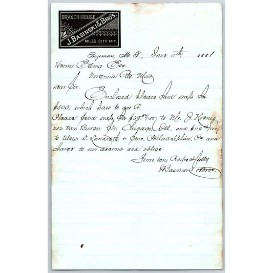 J. Basinski & Bros. Bozeman, MT (Dry Goods) 6/11 1881 Letterhead Henry Elling*