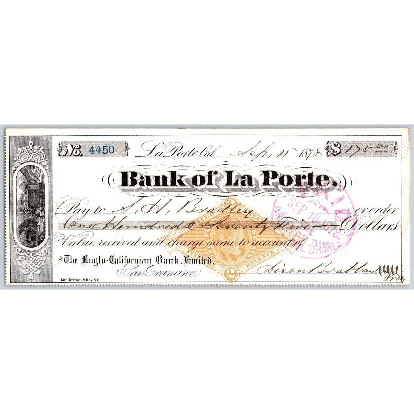 Bank of La Porte Check S.H. Bradley 1878 Mining Vignette RN-G1 Rev Stamp 4450