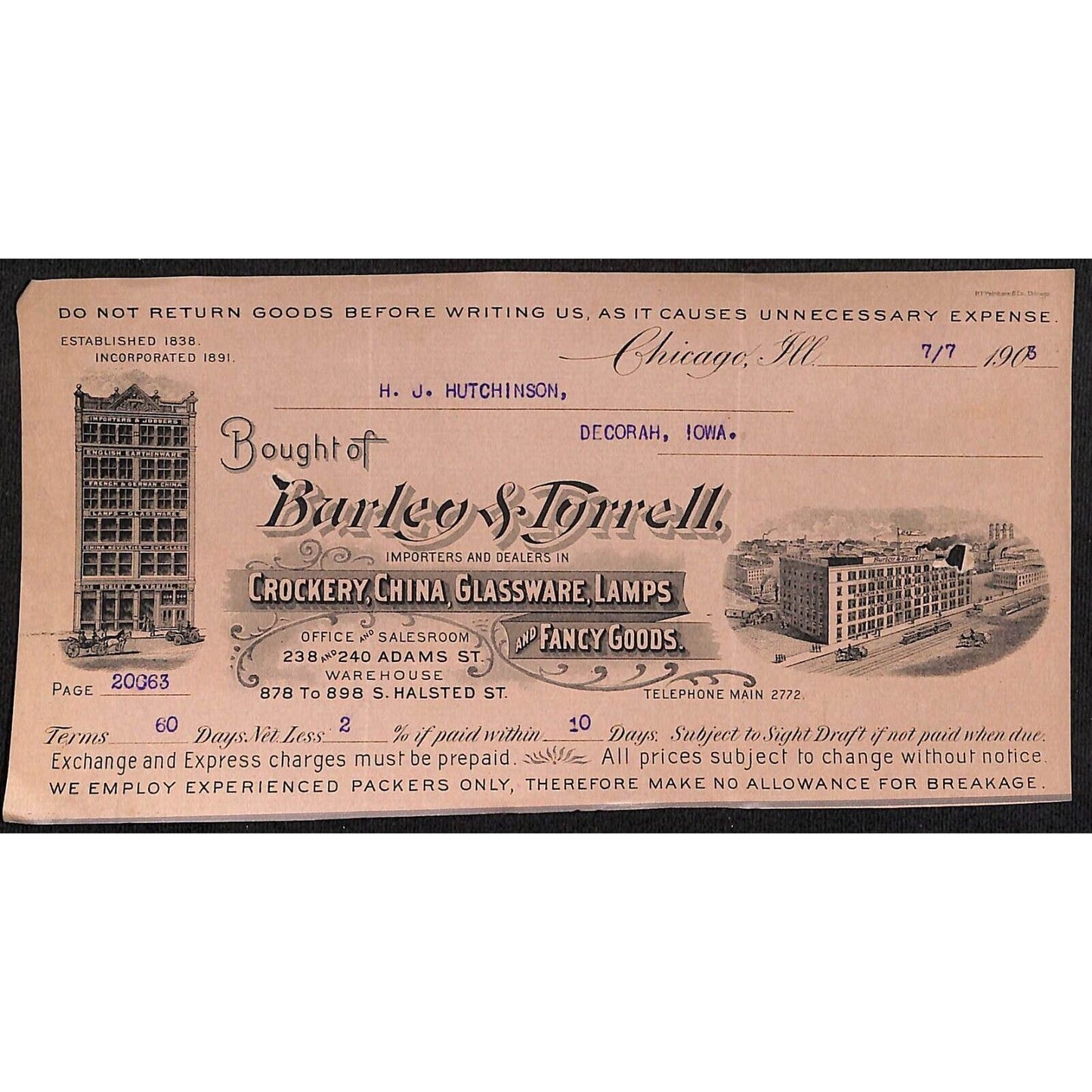 Barley & Tyrrell Crockery China Chicago Hutchinson* 7/7 1903 Cut Billhead