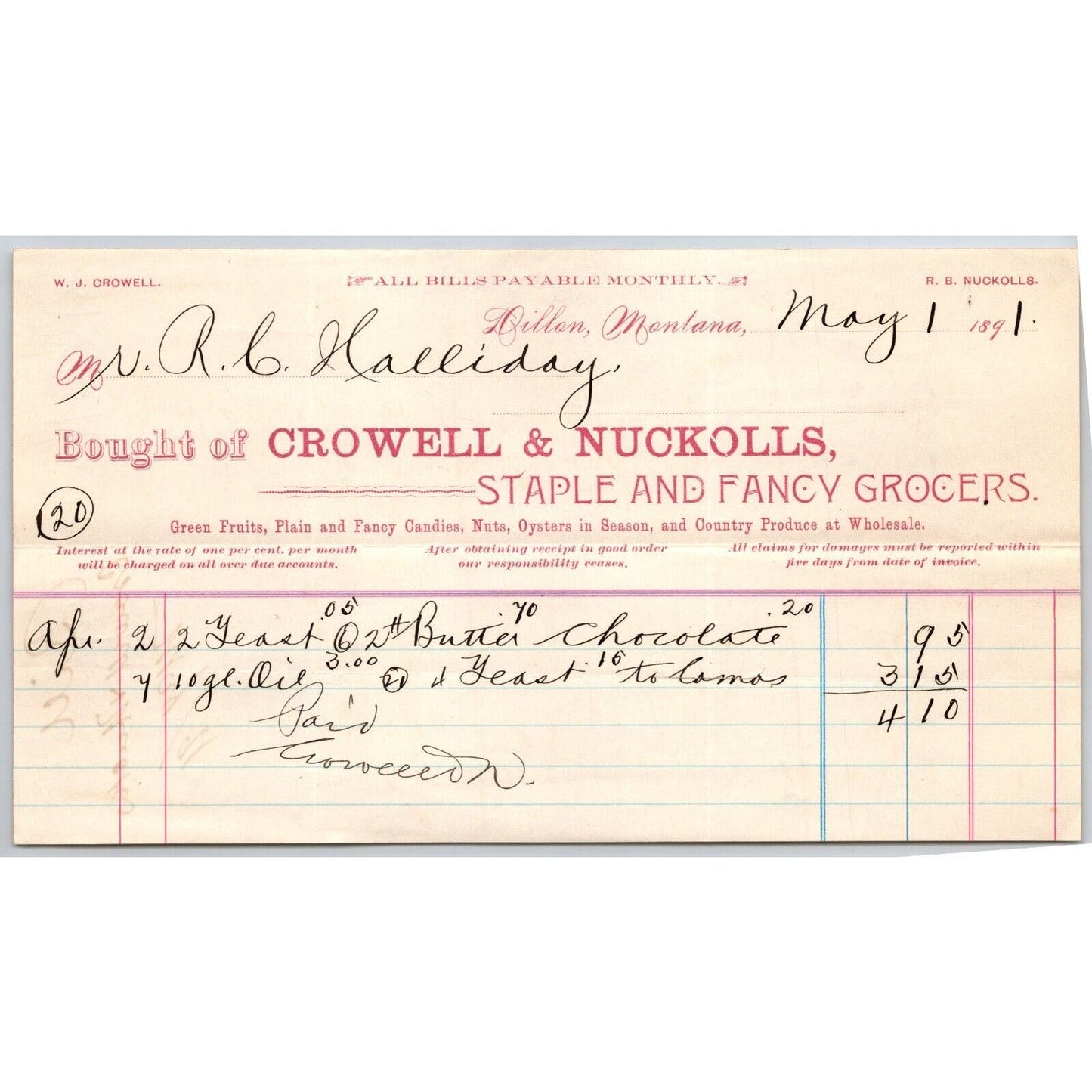 Dillon MT Crowell & Nuckolls Fancy Staple Grocers 18918 Billhead R.C. Halliday*
