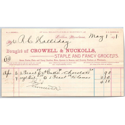 Dillon MT Crowell & Nuckolls Fancy Staple Grocers 18918 Billhead R.C. Halliday*