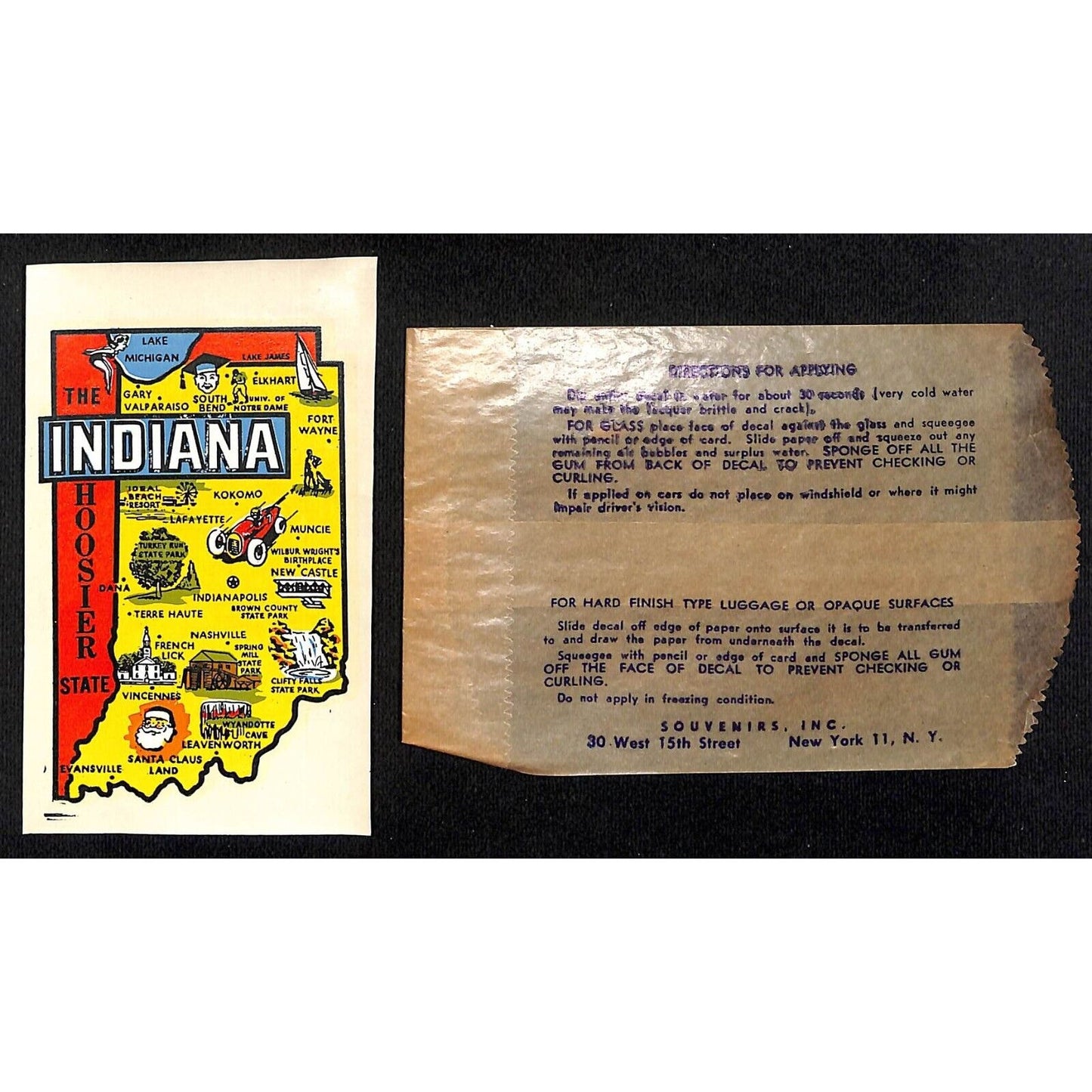 Indiana Map Hoosier Water Transfer Decal Travel Souvenir w/ Sleeve c1950's