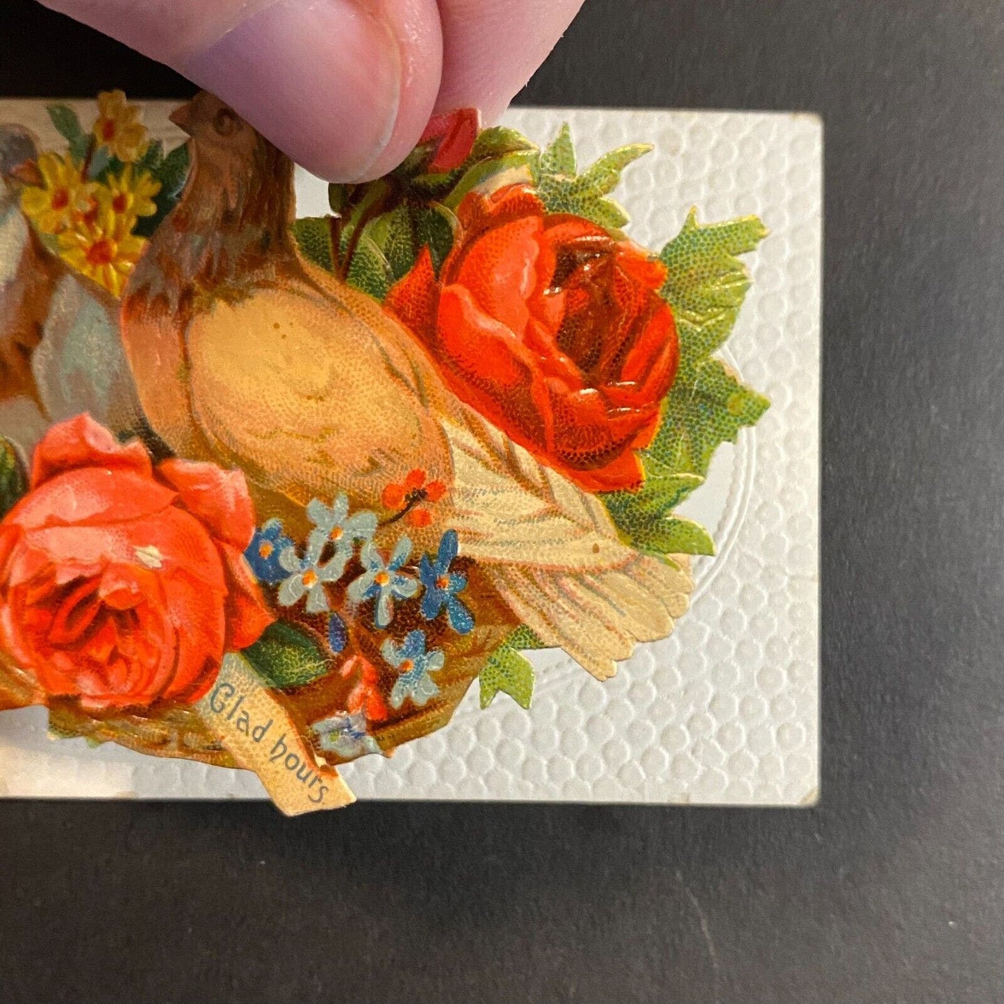 "Miss Peter Lane" Victorian Hidden Name Card "Glad Hours" w/ Doves Hand Flowers