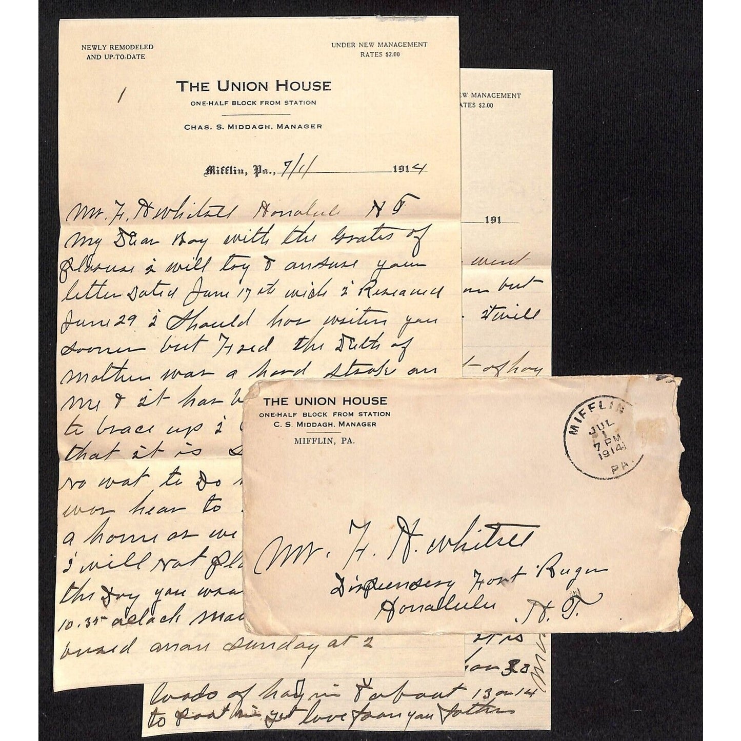 1914 The Union House Hotel Mifflin, PA 2pp ALS + Cover