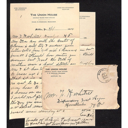 1914 The Union House Hotel Mifflin, PA 2pp ALS + Cover