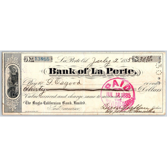 Bank of La Porte Check G. Osgood 1885 Mining Vignette #13865