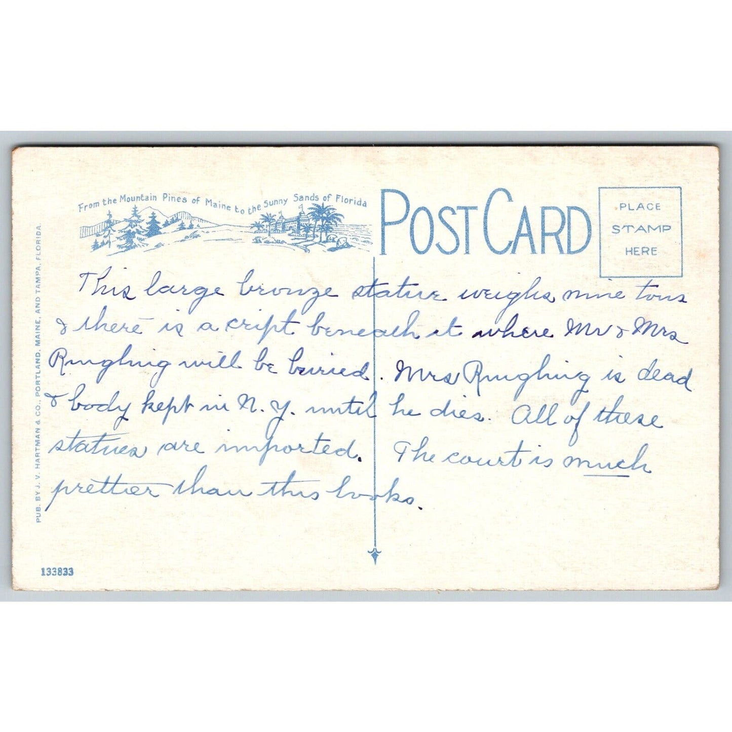 The John and Mable Ringing Art Museum Outdoors Sarasota Circus Postcard c1935