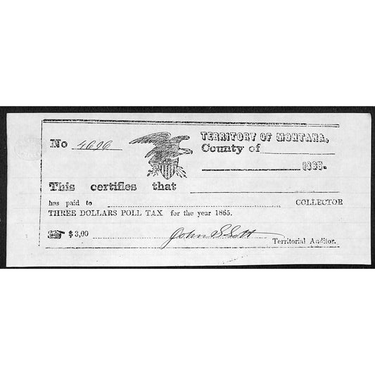 1865 Territory of Montana $3 Poll Tax Receipt #4696 VGC Scarce