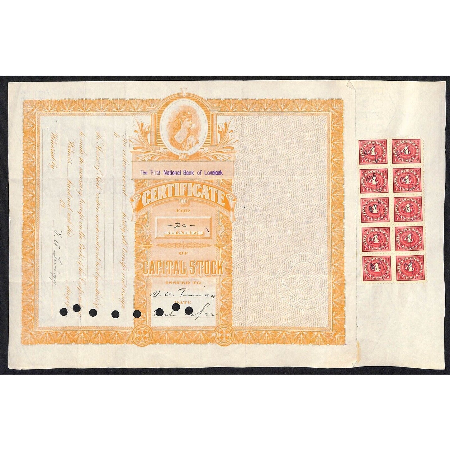 First National Bank of Lovelock, NV 1922 Stock Certificate to N.A. T??igg