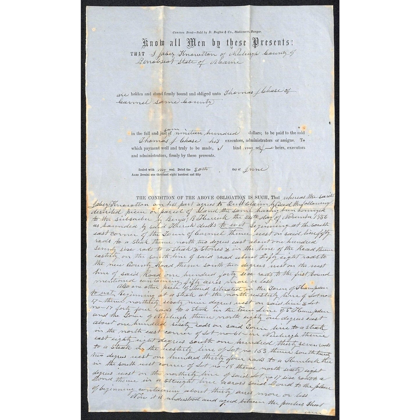 1856 Jabez Knowlton* Newburgh, ME Bond to Thomas Chase / Property Document