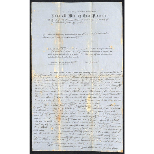 1856 Jabez Knowlton* Newburgh, ME Bond to Thomas Chase / Property Document