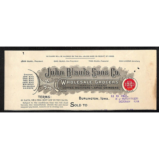 John Blaul's Sons Grocers Burlington IA Hutchinson* 12/10 1903 Cut Billhead