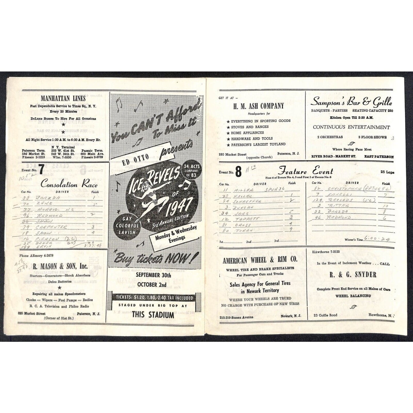 Hinchliffe Stadium Midget Auto Races 9/20/1946 Program George Rice 4pp Scarce