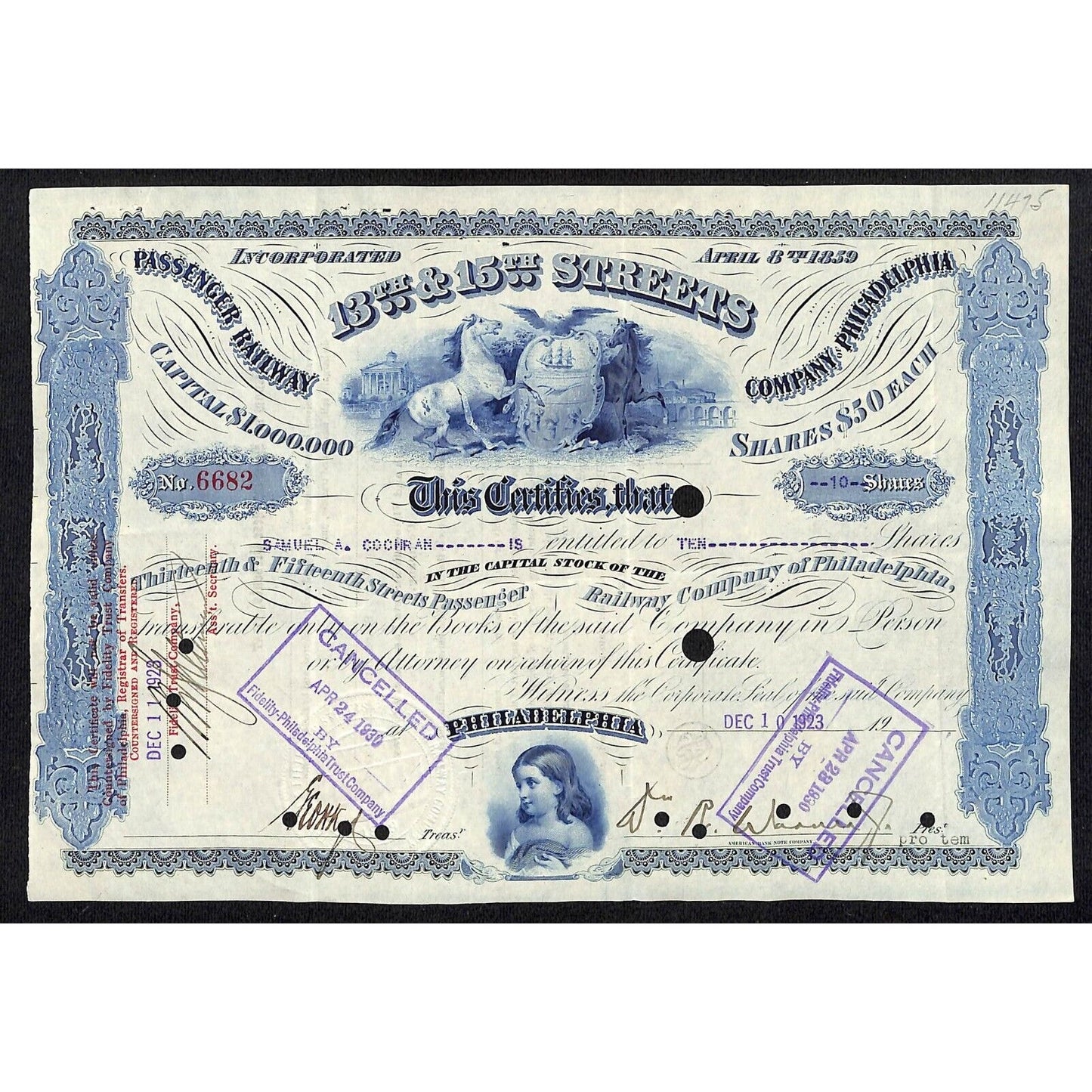 13th & 15th Streets Passenger Railway Co of Philadelphia 1923 Stock Certificate