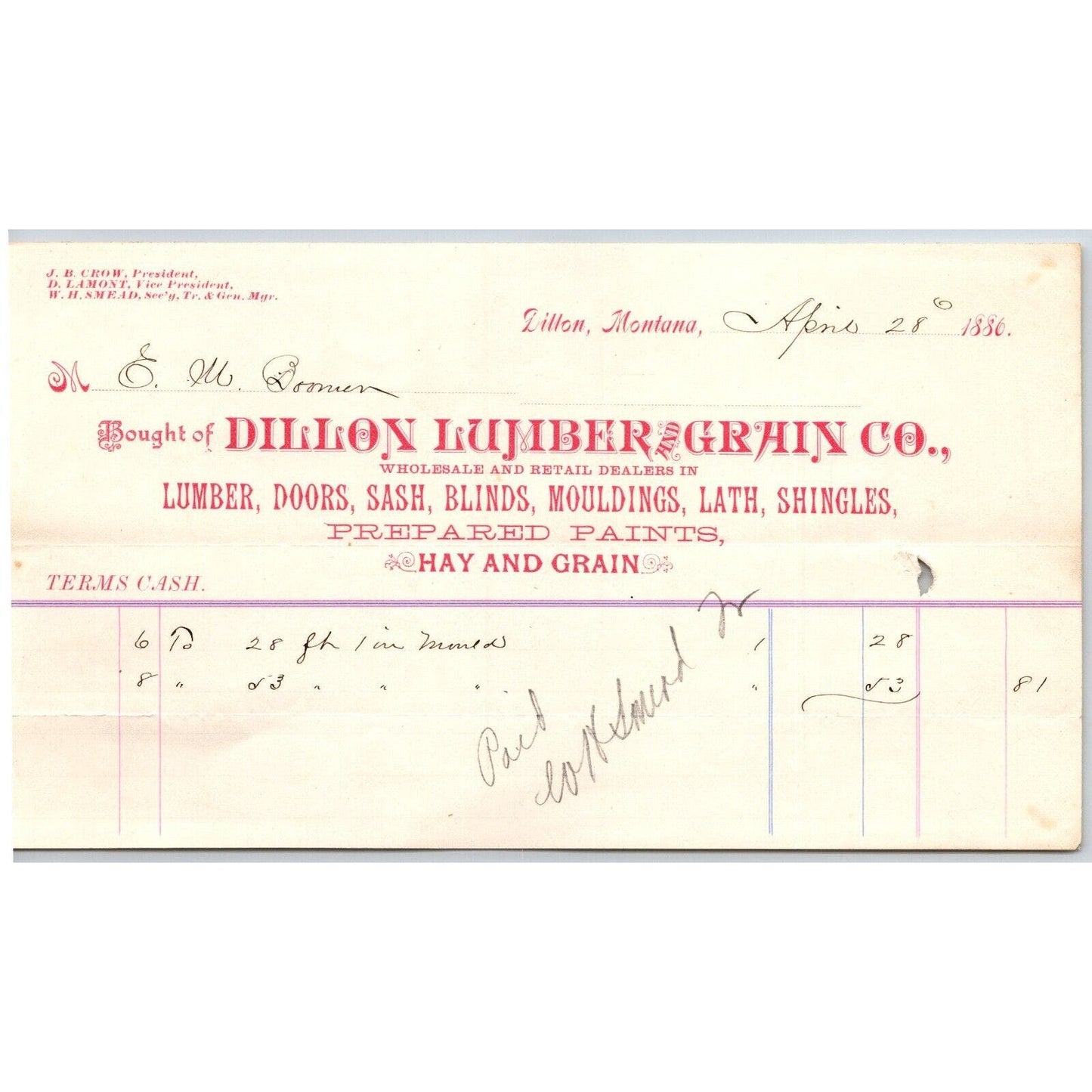 Dillon, MT Dillon Lumber and Grain Co. Hardware Doors Shingles 1886 Billhead