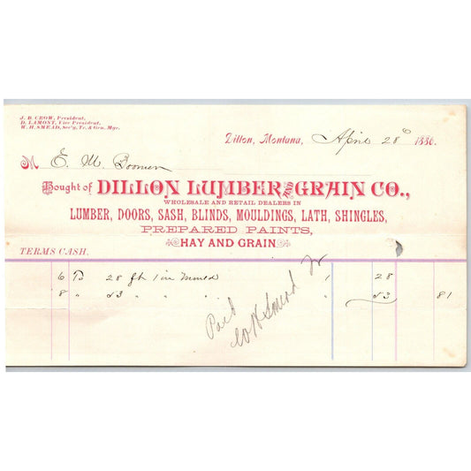 Dillon, MT Dillon Lumber and Grain Co. Hardware Doors Shingles 1886 Billhead