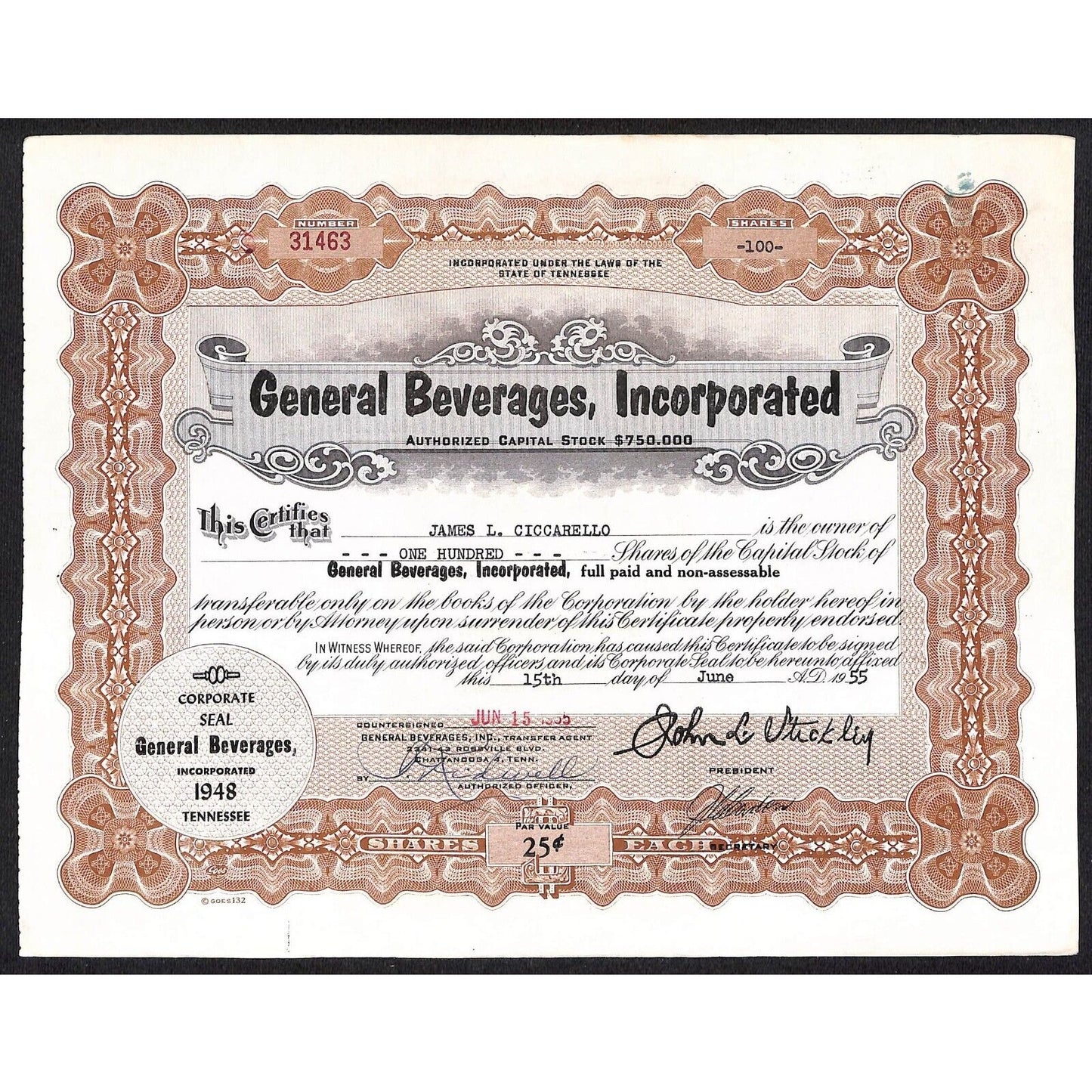 General Beverages, Inc.* Tennessee 1955 Stock Certificate James L. Ciccarello