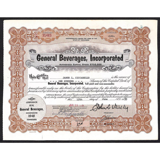 General Beverages, Inc.* Tennessee 1955 Stock Certificate James L. Ciccarello