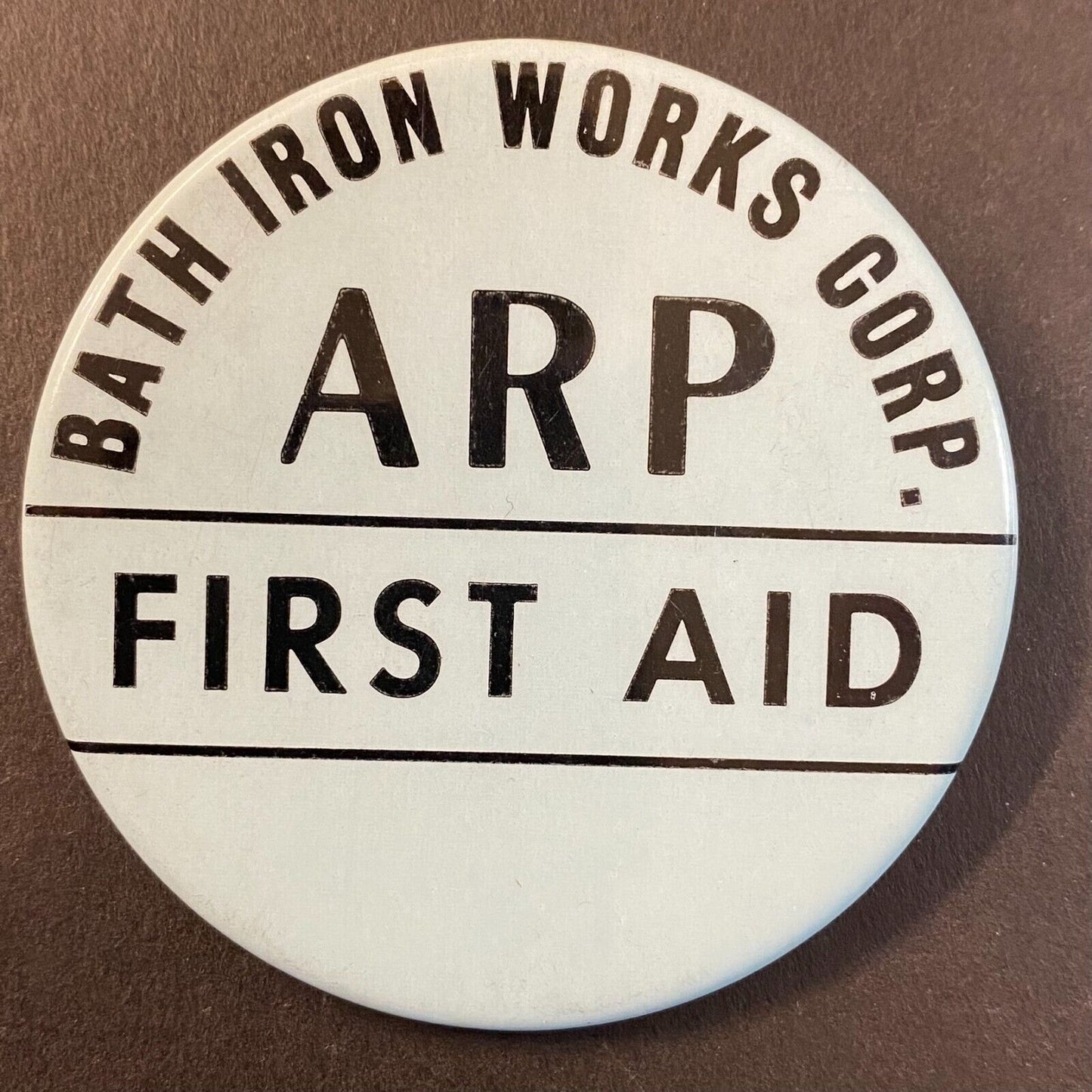 Bath Iron Works ARP First Aid Steel Pinback 2 3/8" c1950's-60's
