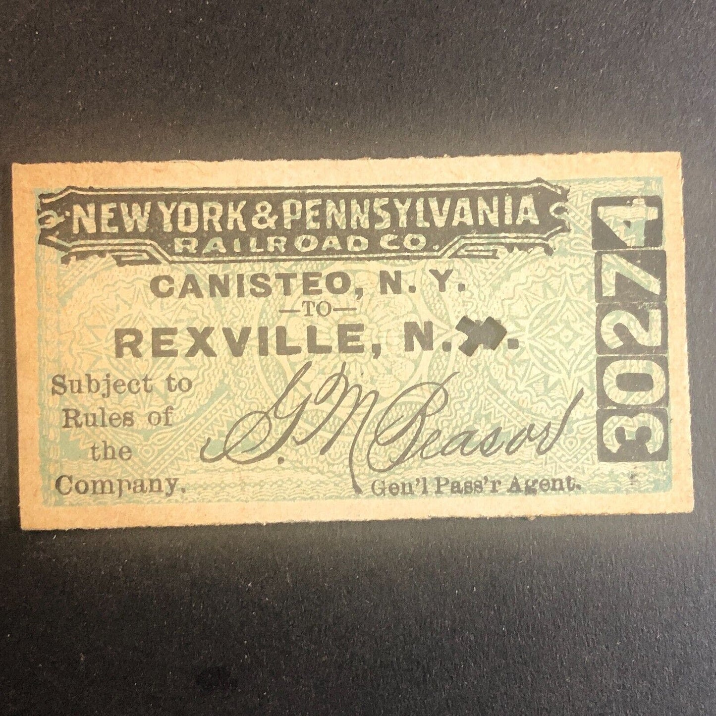 New York & Pennsylvania Railroad July 30 1917 Rexville, NY Ticket #30274