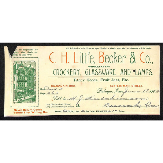C.H. Little, Becker Co. Crockery Hutchinson Decorah, IA* Cut 1902 Billhead