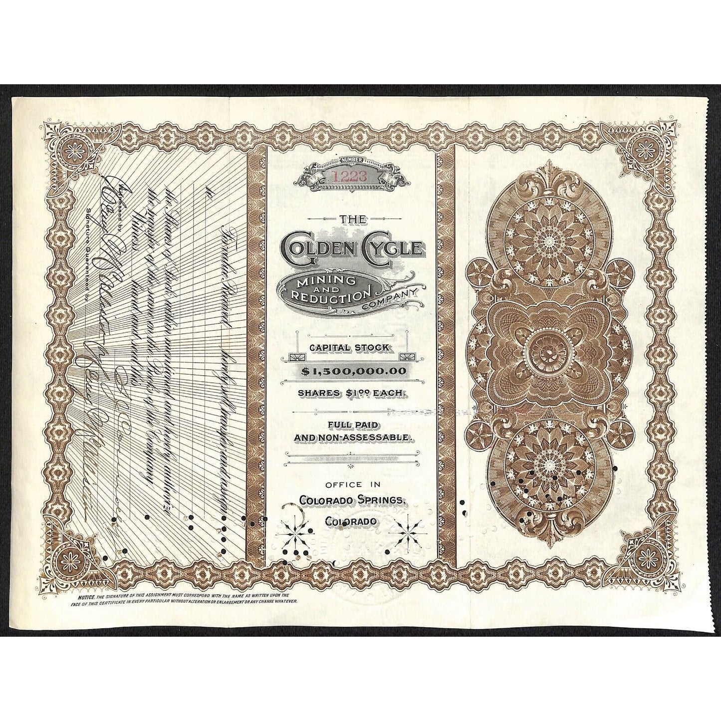 Golden Cycle Mining 1915 Stock Certificate w/ A.E. Carlton Sig. #1223