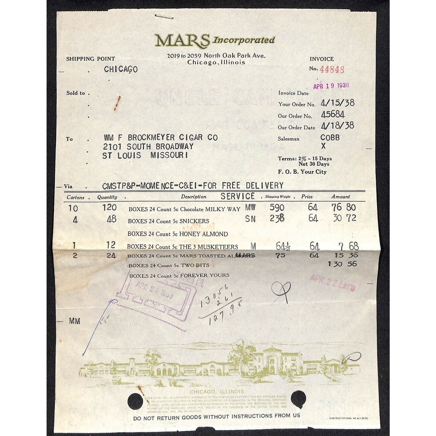 Chicago Mars Incorporated Milky Way Snickers Candy Bars 4/19 1935 Billhead