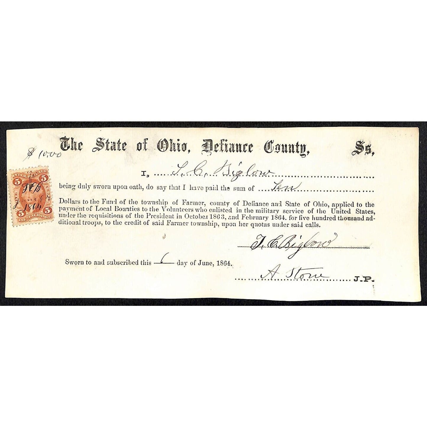 Civil War Farmer Township, OH Defiance 1864 Bounty Receipt - Biglow