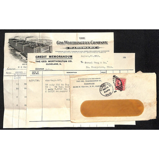Geo. Worthington Co Samuel Wang Co* North Georgetown 1916 Billhead, Memo & Cover