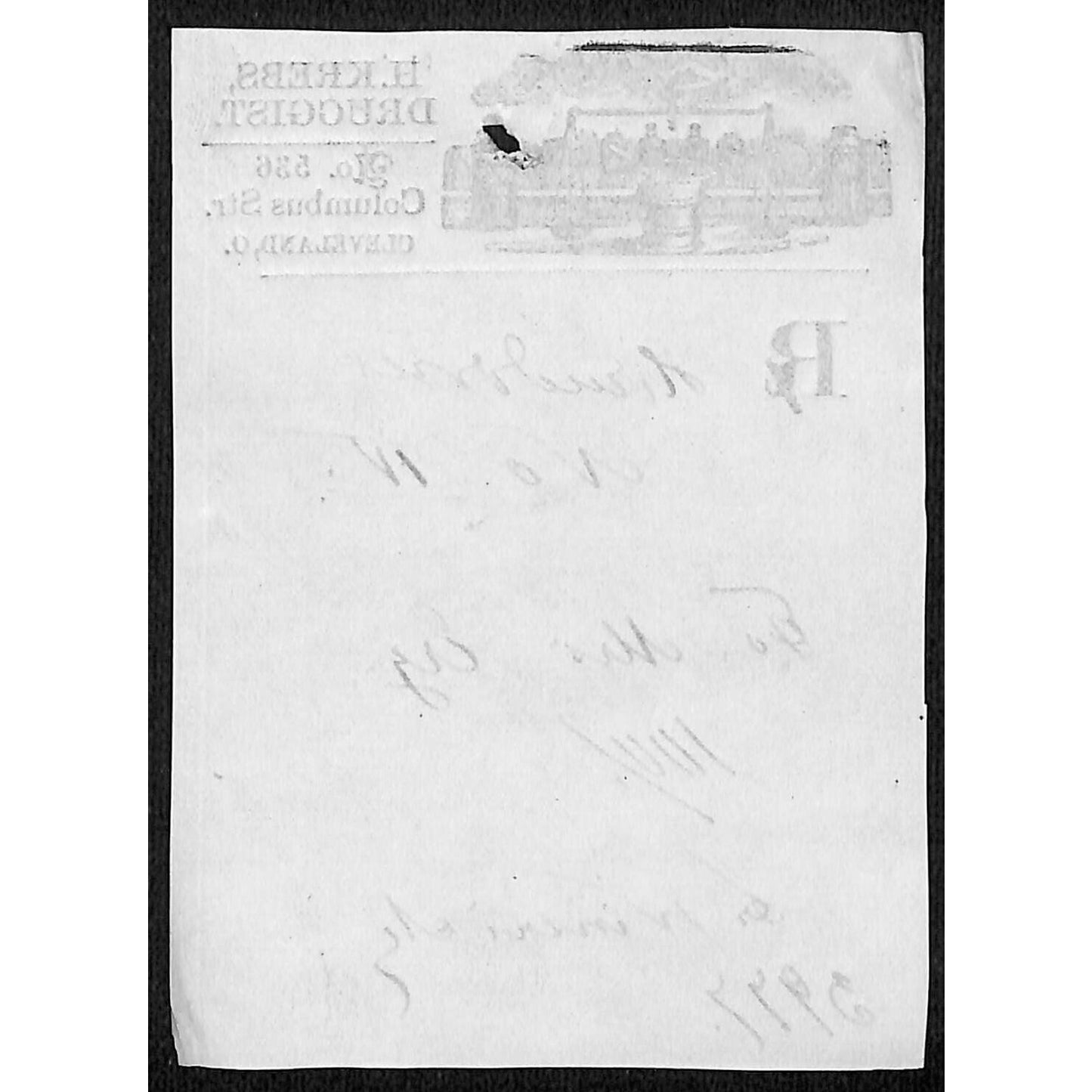 H. Krebs, Druggist Columbus St. Cleveland c1870's* Prescription #3977