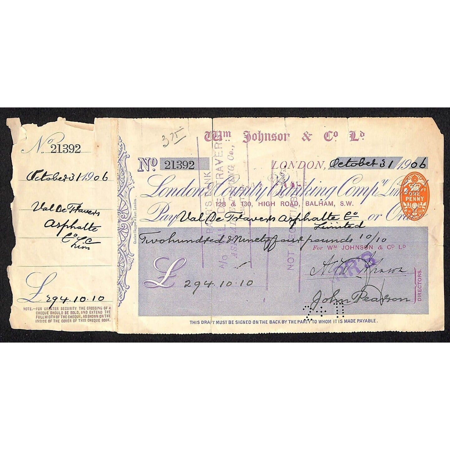 1906 William Johnson & Co. London County Banking Co. Check