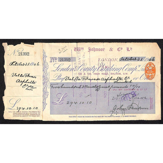 1906 William Johnson & Co. London County Banking Co. Check
