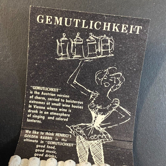 Henrici's Golden Barrel Restaurant Gemutlichkeit c1965-73 Full Matchbook