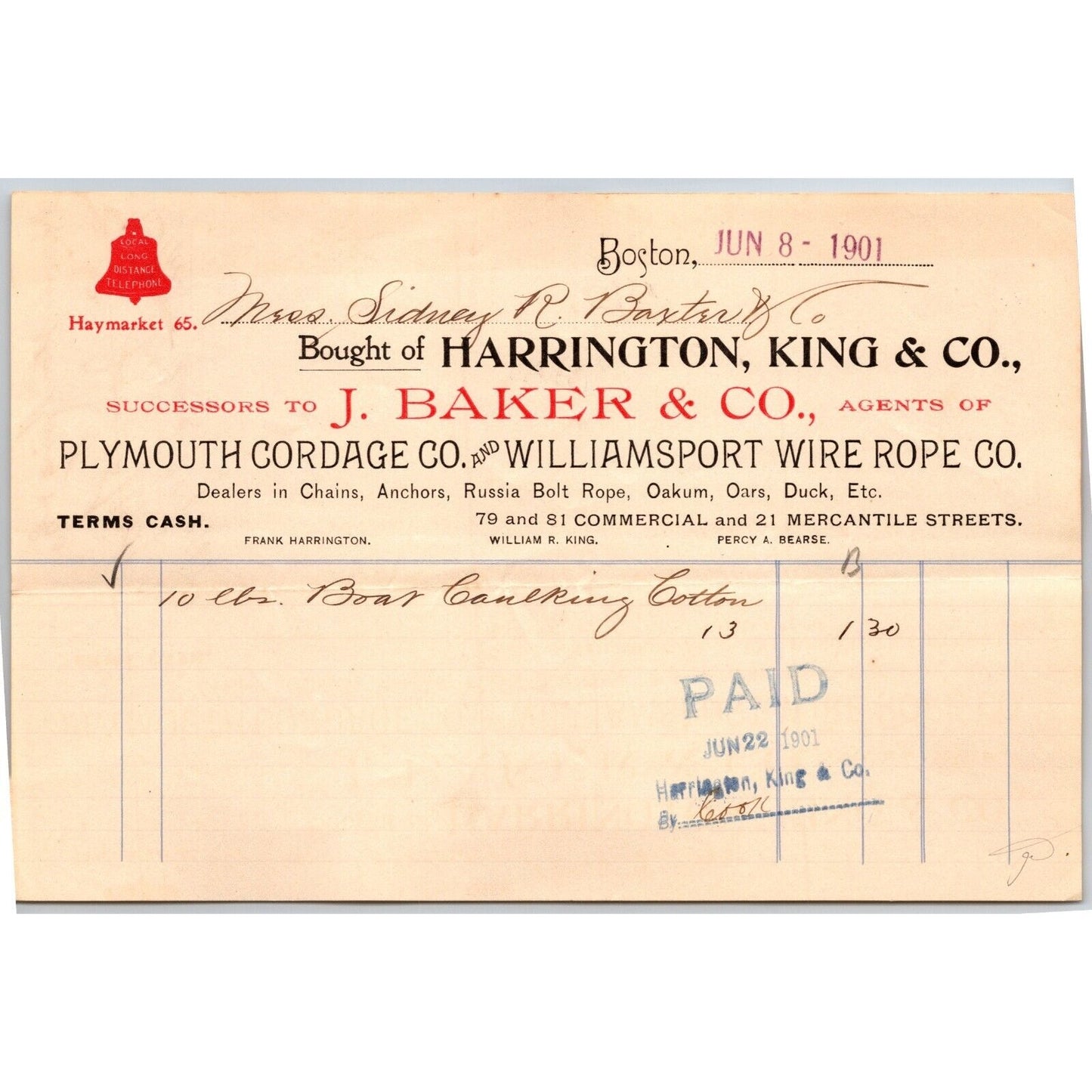 Harrington, King & Co. Plymouth Cordage Boston 1901 Billhead S.R. Baxter