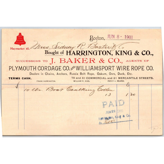 Harrington, King & Co. Plymouth Cordage Boston 1901 Billhead S.R. Baxter