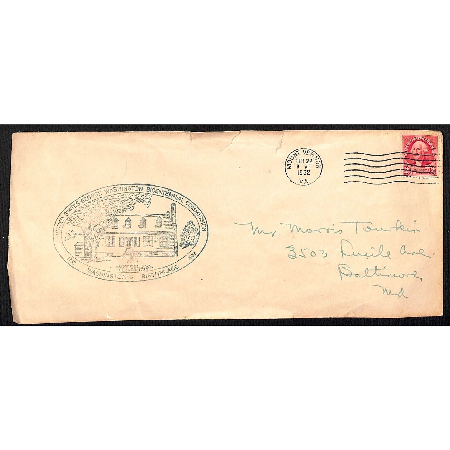 1932 Mount Vernon PM Feb 22 1932 George Washington Bicentennial Cover (#2)