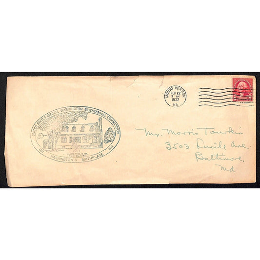 1932 Mount Vernon PM Feb 22 1932 George Washington Bicentennial Cover (#2)
