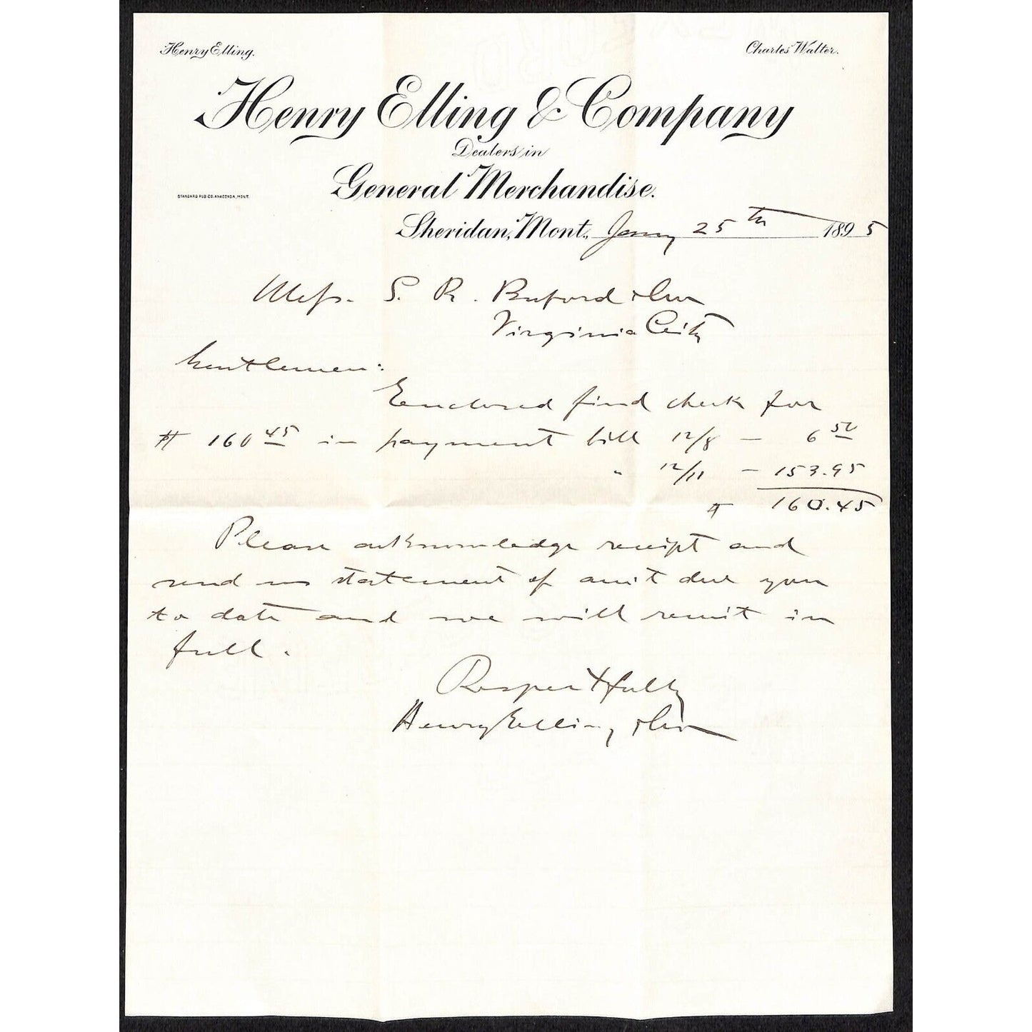 1895 Henry Elling, General Merchandise Sheridan, MT ALS Letterhead S.R. Buford*