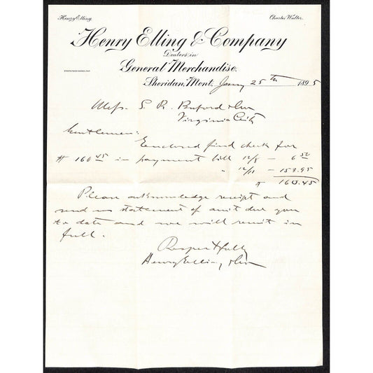 1895 Henry Elling, General Merchandise Sheridan, MT ALS Letterhead S.R. Buford*