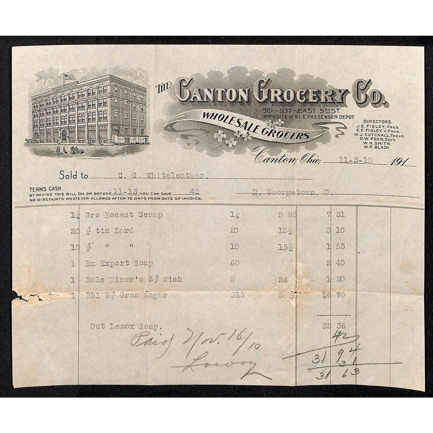 Canton Grocery Co. Ohio 1910 Billhead Whiteleather* N. Georgetown, OH