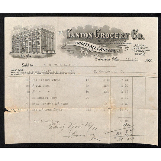 Canton Grocery Co. Ohio 1910 Billhead Whiteleather* N. Georgetown, OH