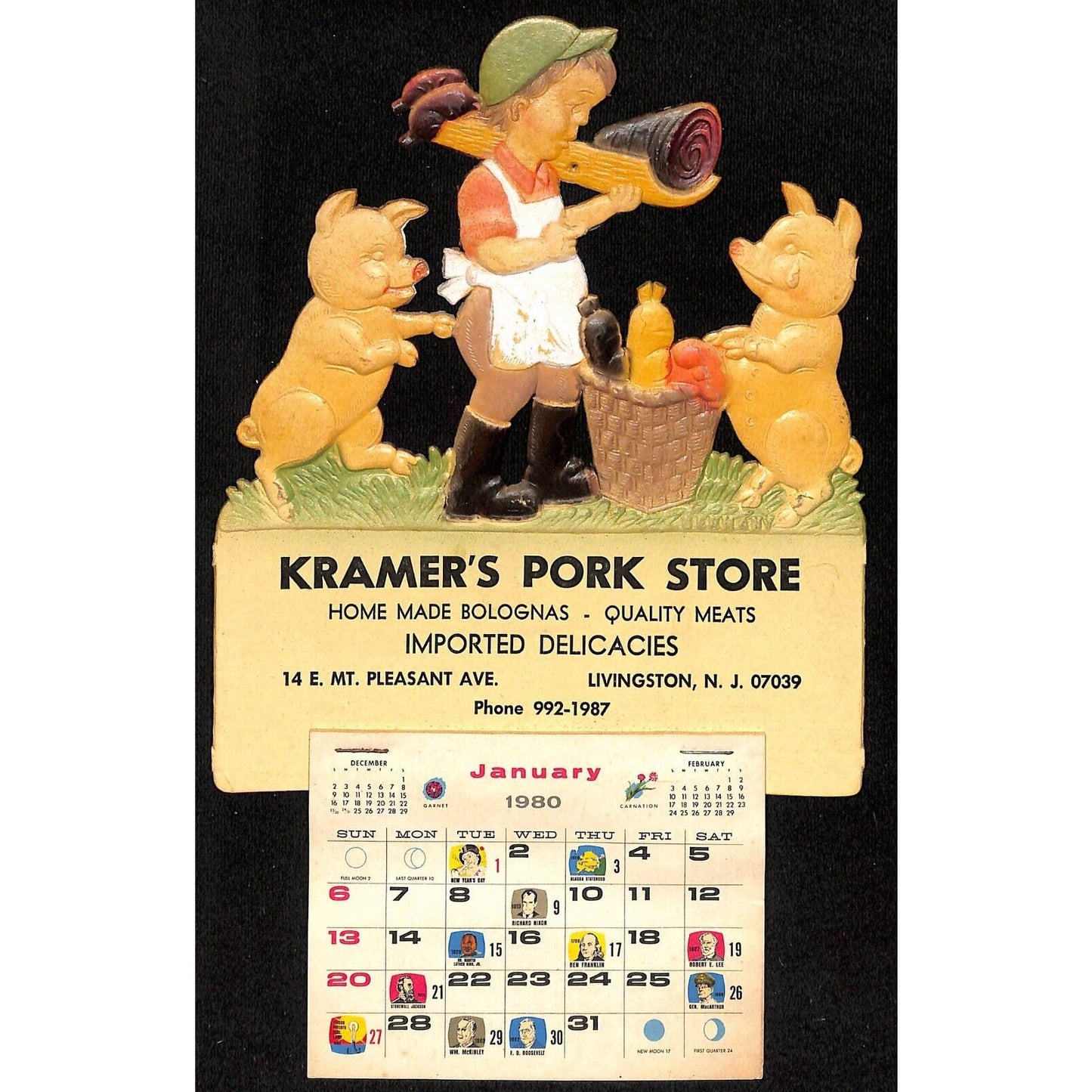 1980 Kramer's Pork Store Livingston, NJ Calendar Die Cut Embossed VGC NOS Scarce