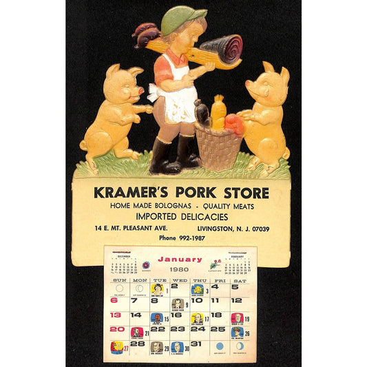 1980 Kramer's Pork Store Livingston, NJ Calendar Die Cut Embossed VGC NOS Scarce